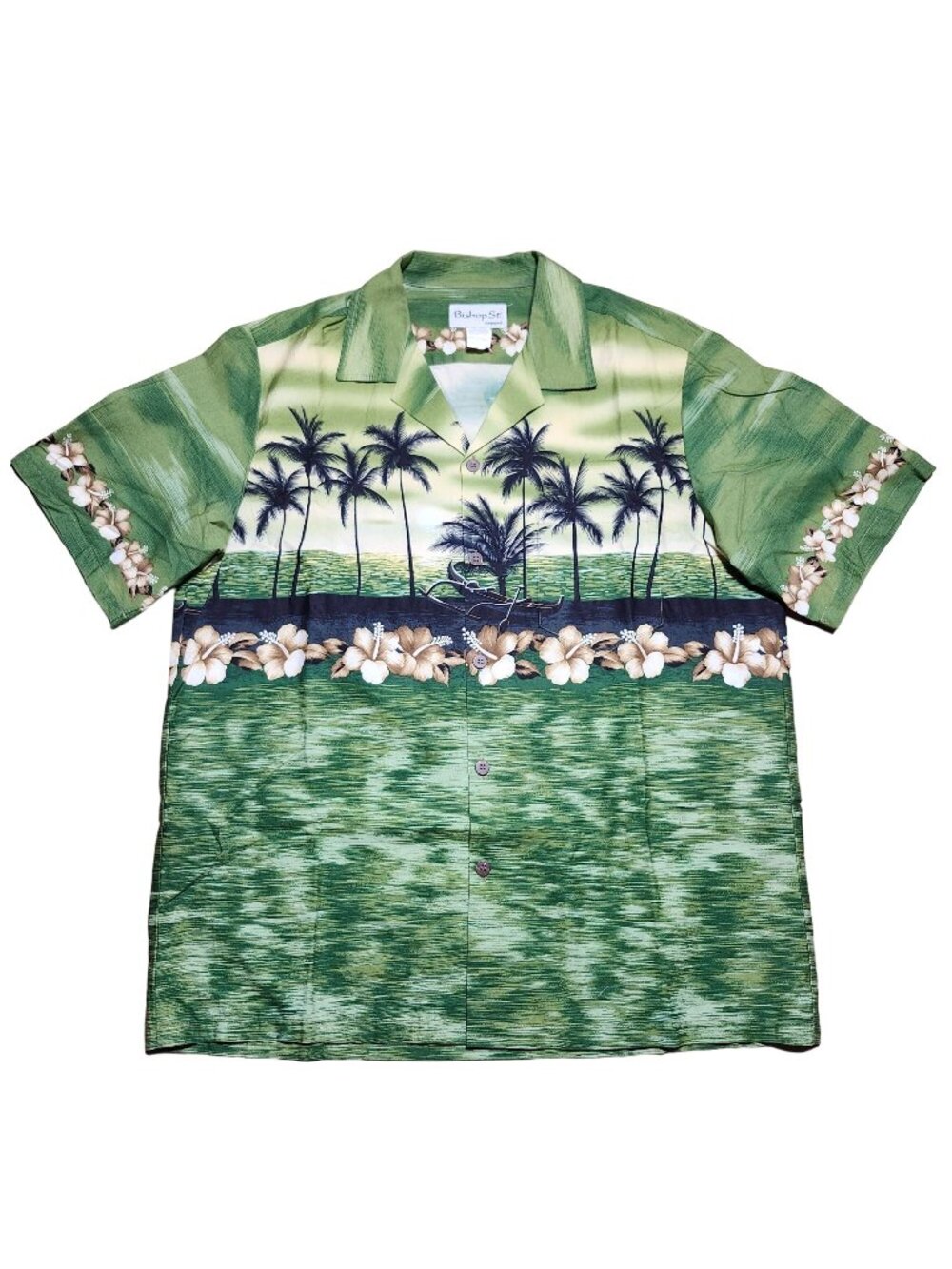 Bishop St Hawaiian Aloha Shirt Mens Button Up Large Green Palm Tree Hibiscus